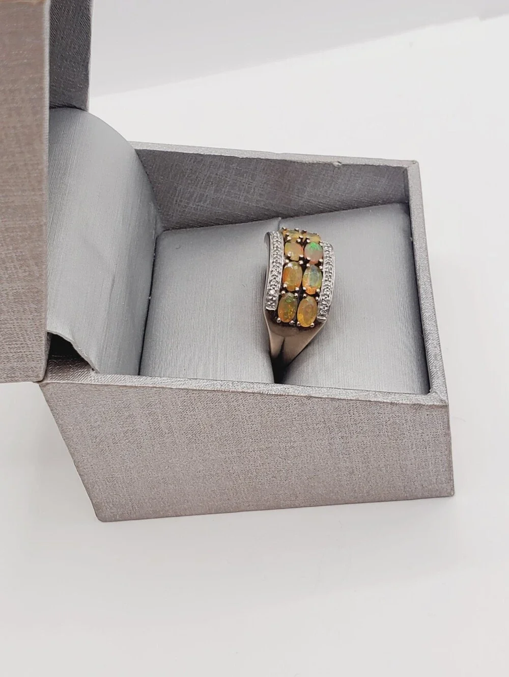 Double Row Genuine Opal Band Ring - Yellow Gold - 925 Sterling Silver